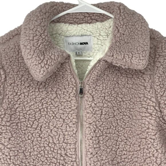 FASHION NOVA Pink Blush Sherpa Teddy zip up jacket size Medium GUC 3727 Lined - Picture 2 of 7